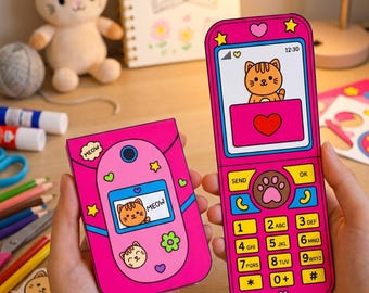 Bastelvorlage für ein Klapphandy | DIY-Papierhandy (PDF) | Bildschirmfreie Kinderaktivität | Niedliche Katzenvorlage zum Ausdrucken | Spielzeug zum Rollenspiel | Digitaler Download