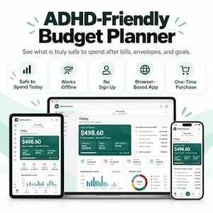 May include: A digital budget planner app titled ADHD-Friendly Budget Planner displayed on a laptop, tablet, and smartphone. The interface shows financial data, including a Safe to Spend amount of $498.60, charts, and spending categories.
