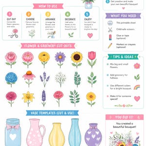 May include: A colorful printable activity sheet for creating a flower bar. Includes instructions, flower and greenery cut-outs, vase templates, and tips. Features a variety of flowers, vases, and a finished bouquet example.