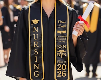Estola de graduación de enfermería personalizada, estola de graduación de enfermería BSN RN, banda personalizada de la escuela de enfermería Clase de 2026 Regalos de graduación de enfermería