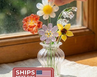 Flor de cristal hecha a mano para el mes de nacimiento, regalo para el Día de la Madre, flor de primavera soplada a mano, ramo de flores de cristal, regalo para mamá/abuela, regalo para ella.