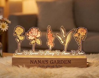 Luz de noche personalizada con diseño de flor de nacimiento para el jardín de la abuela, luz de noche acrílica personalizada con nombres de niños, regalo para el Día de la Madre, flor de nacimiento familiar