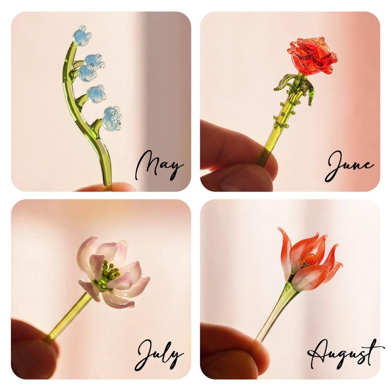 May include: Four glass flower figurines labeled May, June, July, and August. May features blue lily-of-the-valley on a green stem. June is a red rose with a green stem. July is a pink and white flower. August is an orange and white flower.
