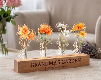 Luz de noche personalizada con diseño de flor de nacimiento para el jardín de la abuela, luz de noche acrílica personalizada con nombres de niños, regalo para el Día de la Madre, flor de nacimiento familiar.