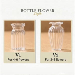 May include: Two clear glass vases labeled BOTTLE FLOWER Style. V1 is a cylindrical vase with vertical ridges and a ruffled rim, noted for 4-6 flowers. V2 is a bulbous vase with vertical ridges and a ruffled rim, noted for 2-5 flowers.