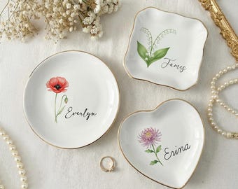 Plato de anillo con flores personalizado para el mes de nacimiento, plato para joyas, regalos para damas de honor, plato para joyas de cumpleaños, propuesta de dama de honor, regalo de cumpleaños para ella
