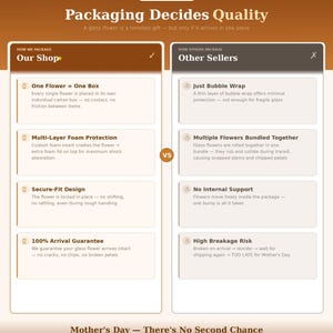 May include: An infographic comparing packaging methods with the title Packaging Decides Quality. The left side details Our Shop methods including individual boxes, foam protection, and secure-fit design. The right side lists Other Sellers methods.