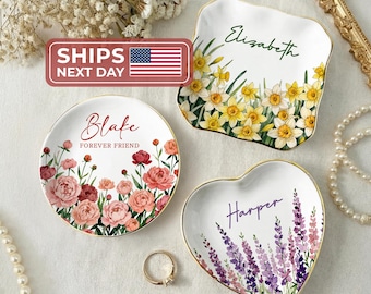 Personalized Birth Flower Trinket Dish/ Custom Watercolor Flower Ring Dish/ Christmas Gifts/ Wedding Bridesmaid Gift/ Birthday Jewelry Dish