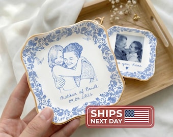 Plato de joyería con foto personalizado para la madre de la novia, plato de anillo con foto de Toile de Jouy personalizado para mamá, regalo de boda MOB MOG de la hija