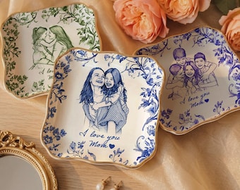 Plato decorativo personalizado con foto, recuerdo de cerámica con diseño Toile personalizado, regalo para el Día de la Madre.