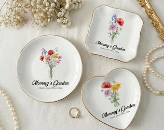 Plato de joyería personalizado para el jardín de mamá, bandeja floral para el mes de nacimiento, regalo personalizado para la abuela, plato floral con nombres de niños