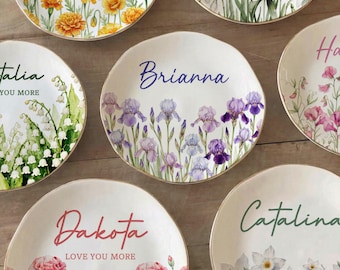 Plato para joyas personalizado con flor de nacimiento / Plato para anillos con flores de acuarela personalizadas / Regalos de Navidad / Regalo para damas de honor / Plato para joyas de cumpleaños