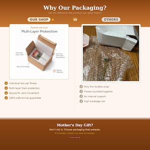 May include: An infographic comparing packaging methods for glass flowers. The left side shows a brown cardboard box with white foam inserts and a glass flower. The right side shows a white box and bubble wrap. Text includes Why Our Packaging?