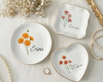 Bandeja de joyería con flores de nacimiento personalizadas, bandeja para guardar joyas con flores y nombres, bandeja de cerámica para anillos, regalo de cumpleaños para ella, regalos para damas de honor.