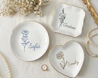 Plato de anillo de nacimiento con diseño de flor de línea personalizado, plato minimalista con nombre personalizado, bandeja de cerámica moderna para baratijas, regalo de cumpleaños para ella