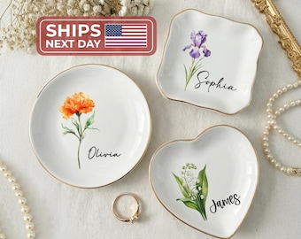 Plato personalizado para anillos de flores de nacimiento, plato para joyas de cumpleaños, regalo para mejores amigas, regalo de boda, regalo para madre, regalo para mejor amiga, regalo de aniversario, regalo para novia.