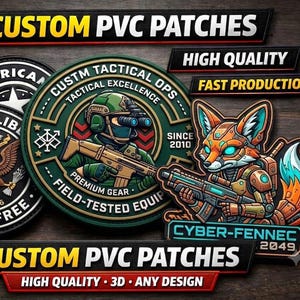 Op de afbeelding: Een verzameling ronde en gevormde PVC-patches met diverse ontwerpen, waaronder een Amerikaans adelaarembleem, een tactische soldaat met een geweer en een robotachtig vossenpersonage met het label Cyber-Fennec 2049, met teksten Custom PVC Patches.
