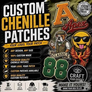 Puede incluir: Parches de chenilla personalizados con varios diseños, incluyendo una letra A naranja grande, un bulldog con chaleco, una cara sonriente amarilla con gafas de sol, un fénix y el número 88. El texto incluye CUSTOM CHENILLE PATCHES y CRAFT YOUR IDENTITY.
