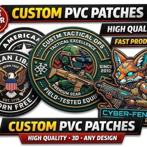 May include: A collection of custom PVC patches featuring various designs including a bald eagle with the text American Liberty Born Free, a tactical soldier with the text CUSTM TACTICAL OPS, and a robotic fox with the text CYBER-FENEC 2049.