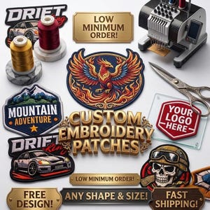 May include: Custom embroidery patches featuring a central phoenix, mountain adventure, drift car, and skull designs. Includes spools of thread, an embroidery machine, scissors, and gold-toned plaques with text: LOW MINIMUM ORDER, FREE DESIGN, and FAST SHIPPING.