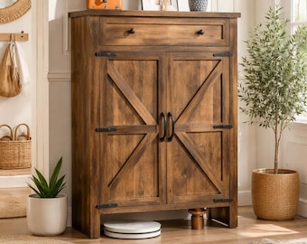 Armario para zapatos estilo granja, organizador de madera de 5 niveles con puertas de cajones en color marrón rústico.