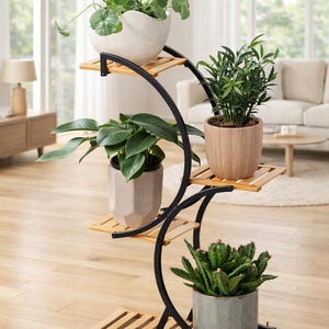 Bambu 4-våningars växtställ, inomhus- och utomhushylla, träkrukhållare, hörnställ