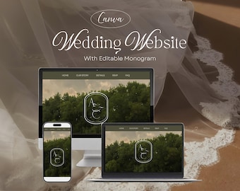 May include: A computer monitor, a laptop, and a smartphone displaying a wedding website template with a forest background and an editable monogram featuring the letters A and C. The text reads Canva Wedding Website With Editable Monogram.