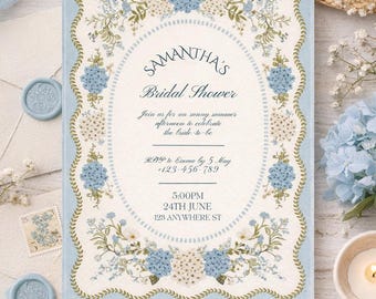 Floral blue hydrangea bridal shower invite, classic elegant invitation, digital download, editable template