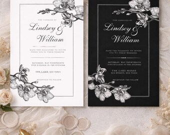 Black and White Floral Wedding Invitation, Classic Elegant Orchid Design, digital download, editable template