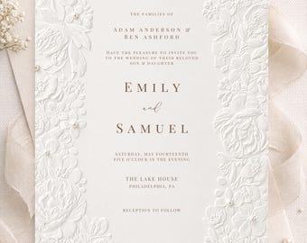 Classic Elegant Floral embossed Wedding Invite, Ivory Cream Invitation, Digital download, editable template
