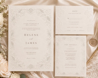 Classic vintage lace wedding invitation suite, ivory cream invite, digital download, editable template