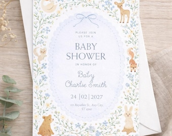 Neutral Floral Baby Shower Invitation, Watercolor animals, Digital Download