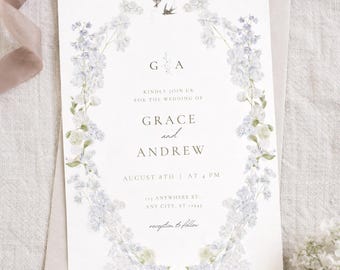 Blue Floral Wedding Invitation, digital download outdoor garden wedding, watercolour wildflower template
