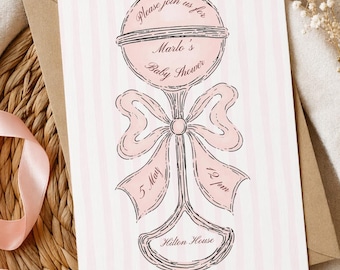 Classic Vintage Baby Girl Baby Shower Invite, Pink stripes invitation, Digital download template
