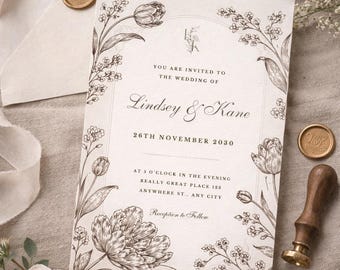 Floral Black and White Wedding Invite, Classic Minimalist Editable Template, Digital Download