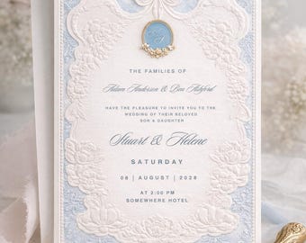 Classic Blue and White Embossed Wedding Invite, Digital Download, editable template