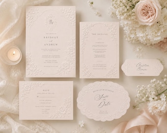Embossed Floral Wedding Invitation Suite, Elegant Botanical Template (Digital Download)