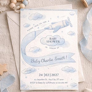 Blauwe uitnodiging babyshower babyjongen, vintage vliegtuig klassieke uitnodiging, digitale download, bewerkbare sjabloon