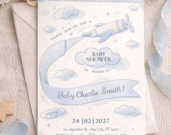 Blue Baby Boy Shower Invitation, Vintage Airplane Classic Invite, Digital Download, Editable Template