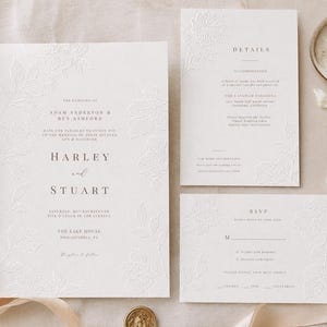 Embossed Floral Wedding Invitation Suite, Ivory Cream Template (Digital Download)