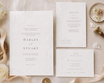 Embossed Floral Wedding Invitation Suite, Ivory Cream Template (Digital Download)