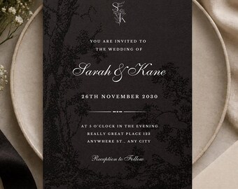 Dark Black and White Wedding Invitation, Classic Elegant Digital Download, Editable Template