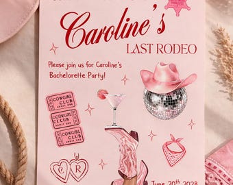 Pink Cowgirl Disco Bachelorette Invitation, Last Rodeo Party Invite (Digital Download)