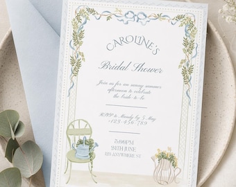 Garden Summer Bridal Shower Invitation, Digital Download, Blue Green Floral illustration, classic minimal e-invite