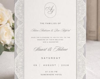 Elegant Lace Wedding Invitation, Grey Ivory, Minimalist Canva Template (Digital Download)