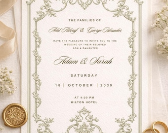 Green Toile Wedding Invitation, Regal Floral Chinoiserie Template (Digital Download)
