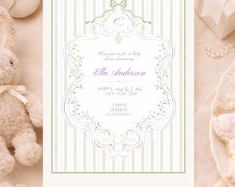 Editable Baby Shower Invitation, Purple and Green Floral Stripes, Vintage Baby Girl (Digital Download)