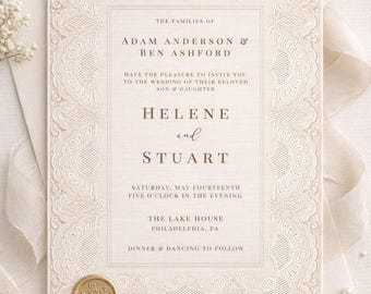 Classic vintage lace wedding invite, ivory cream invitation, digital download, editable template