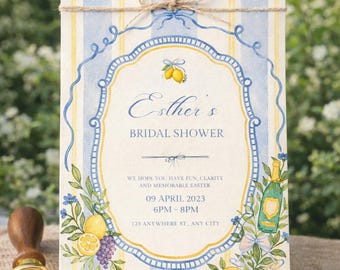 Lemon Citrus Bridal Shower Invitation, Blue Yellow Stripe, Mediterranean Brunch Invite (Digital Download)