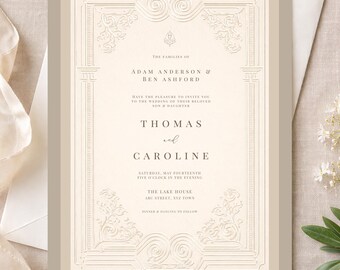 Elegant Ivory Lace Embossed Wedding Invite, Digital Download, Champagne Classic Minimal Invitation